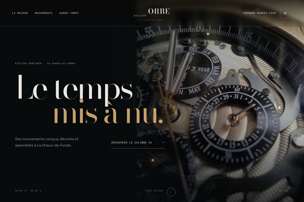 Interface sombre Atelier Orbe, avec une photographie de mécanisme horloger