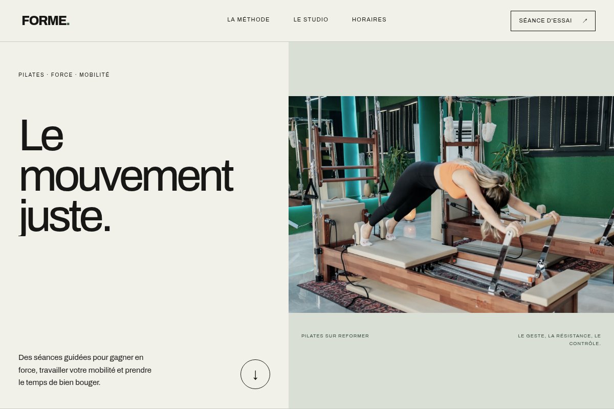 Interface FORME, avec une grande typographie et une photographie de Pilates